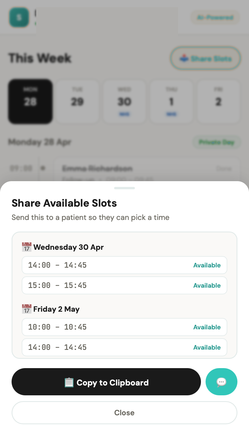 Weeve scheduling view — share available slots